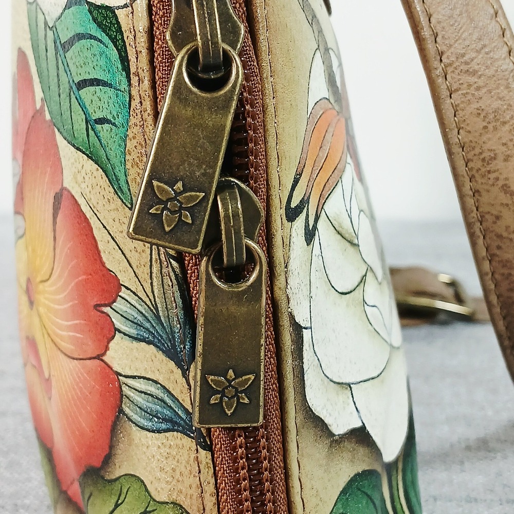 Anuschka Hand Painted Leather Floral Dragonfly Crossbody Bag Tan Small - Picture 10 of 15